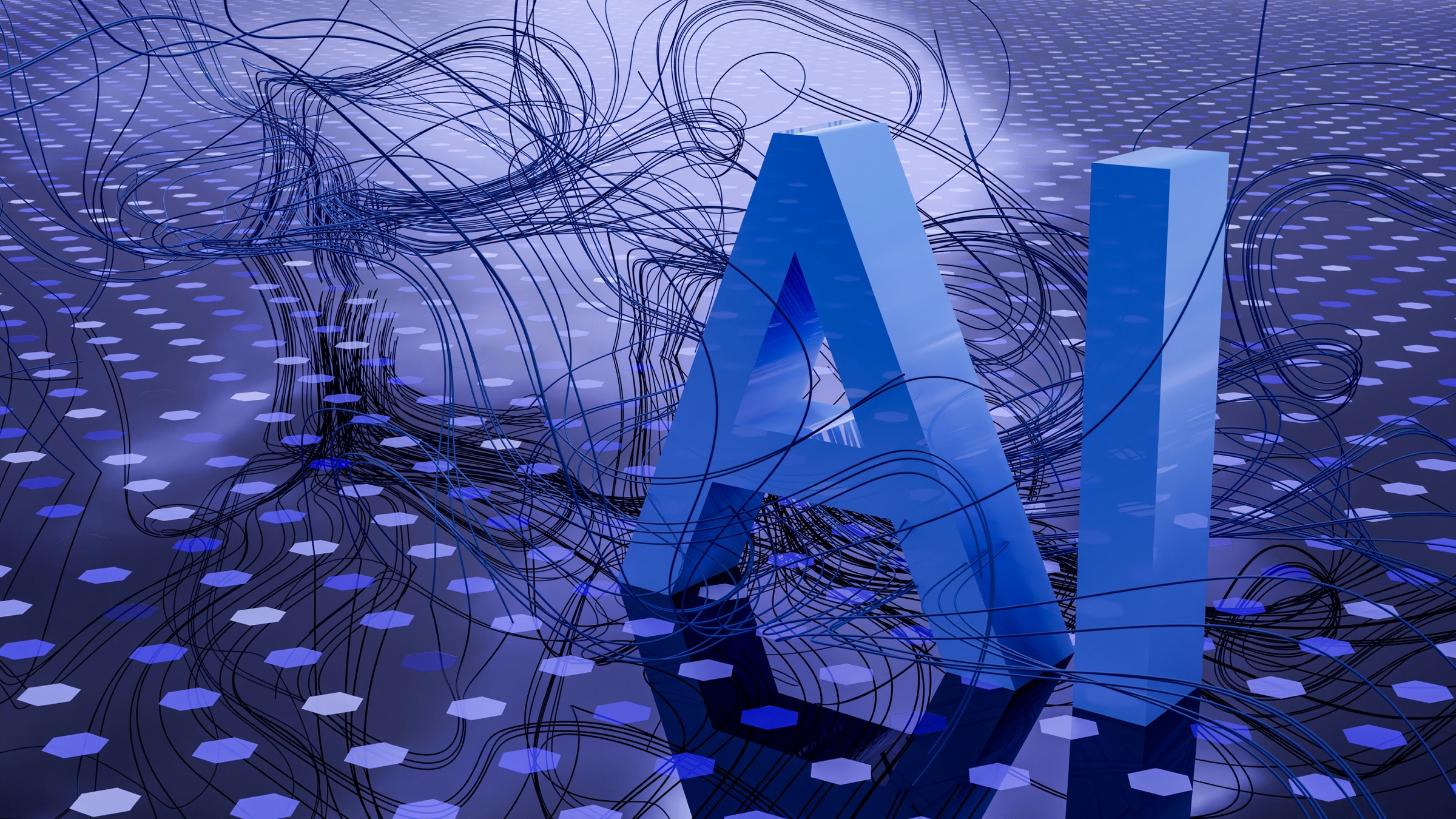 3D blue AI letters over a digital network pattern representing AI integration
