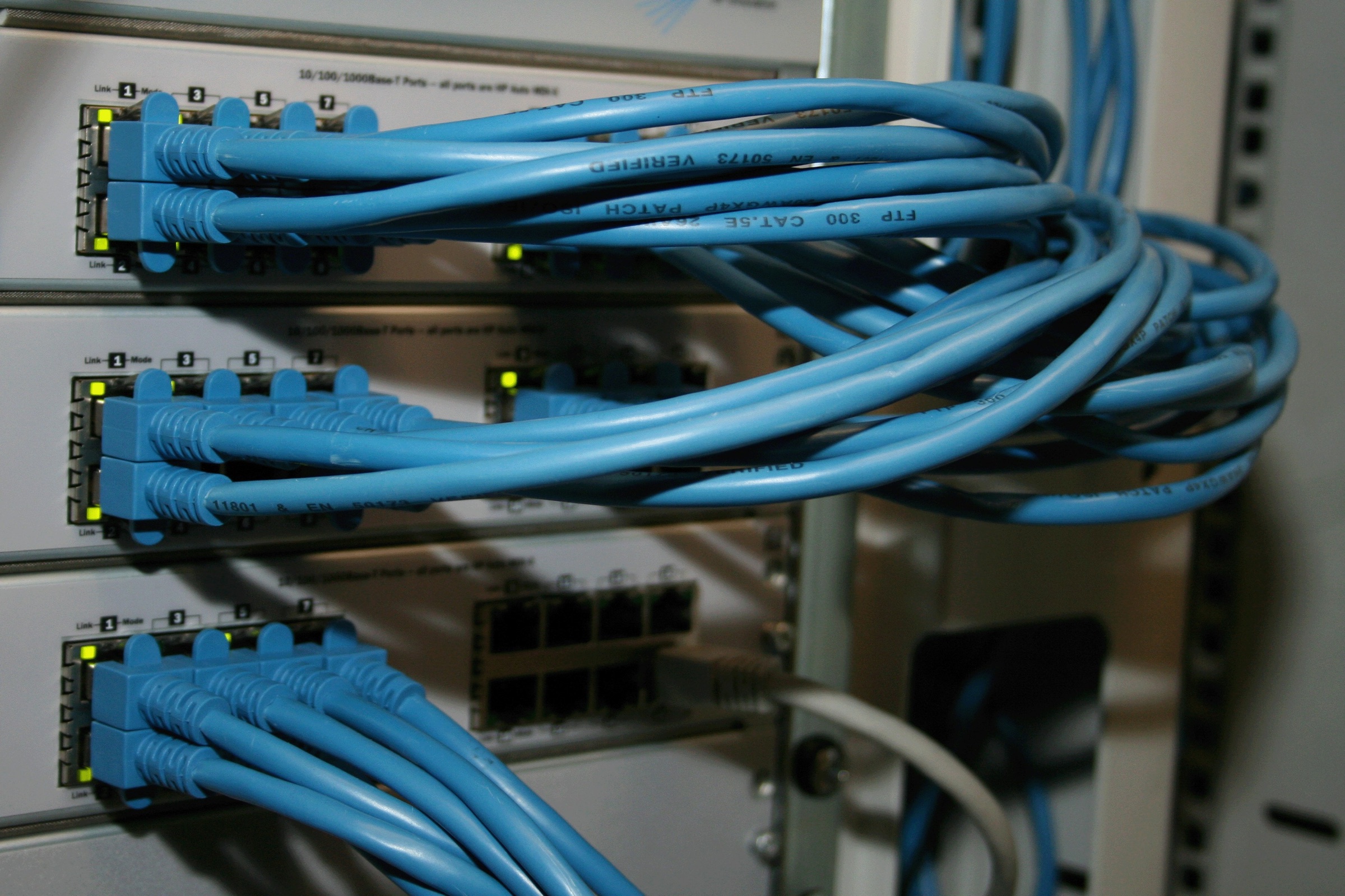 Close-up of a network switch with blue ethernet cables representing IT networking